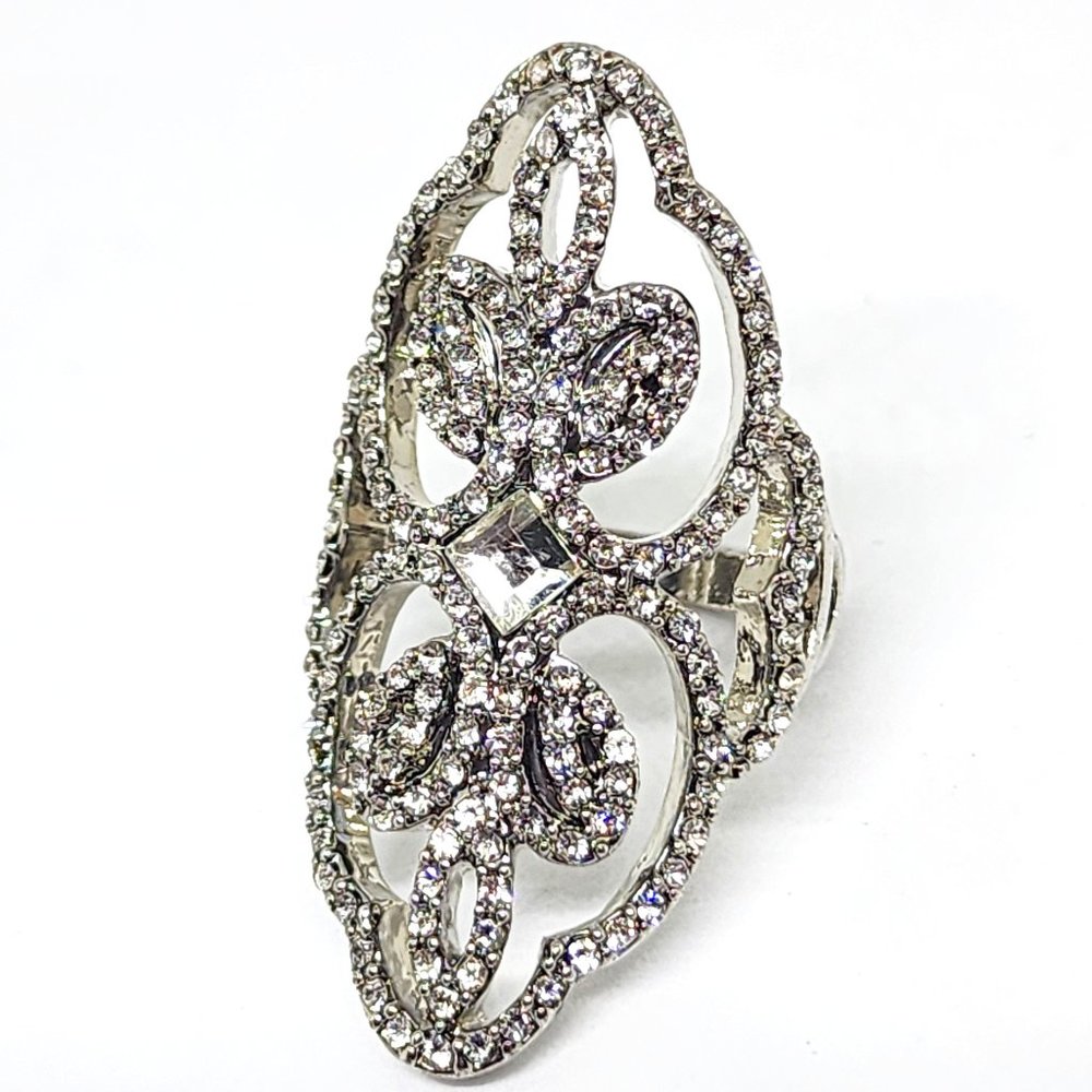 Victorian Style Pave White Rhinestone Dressy Silver Statement Cocktail Ring SZ 5 - Picture 4 of 10